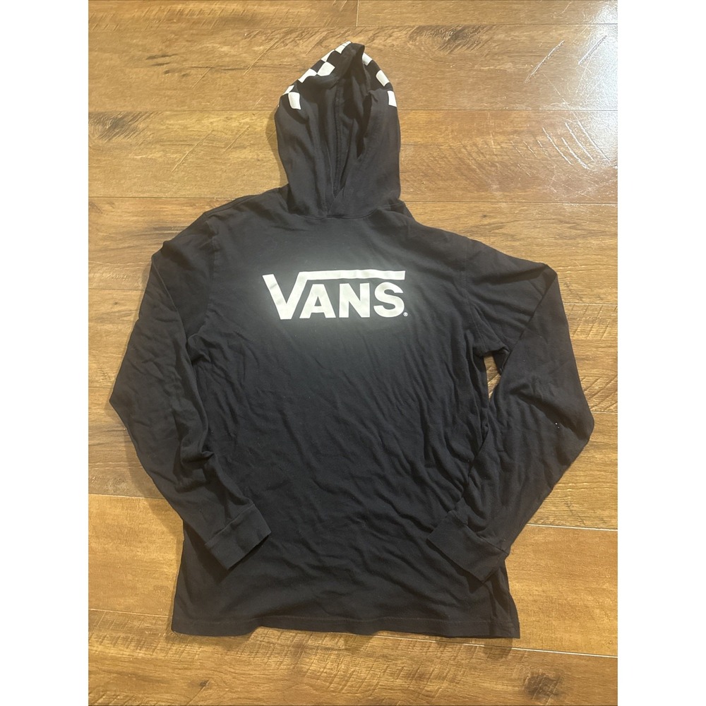 Vans Hooded T-Shirt Men's Medium Black Checkerboard Logo Long Sleeve
